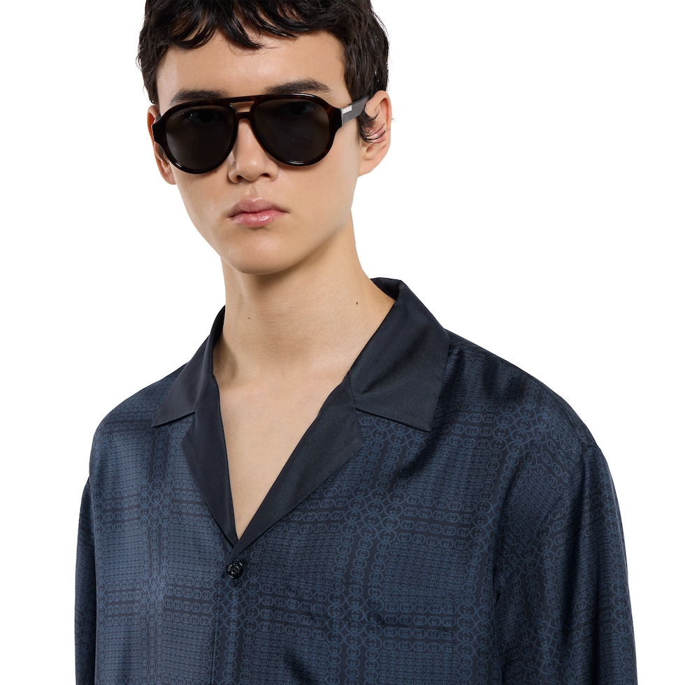 Printed silk twill bowling shirt