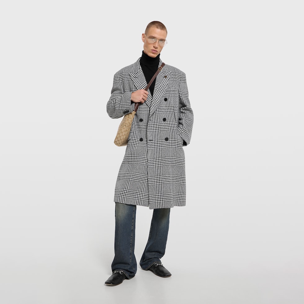 Double-breasted Prince of Wales wool coat