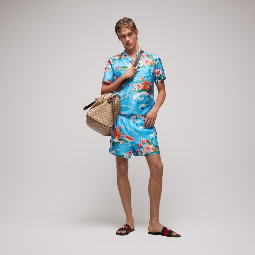 Printed silk twill bowling shirt