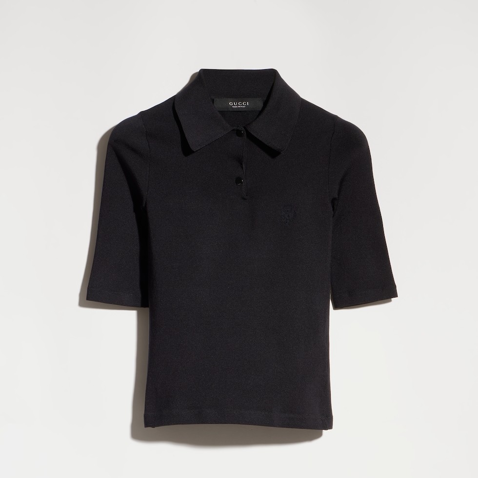 Polo in maglia di seta stretch con ricamo