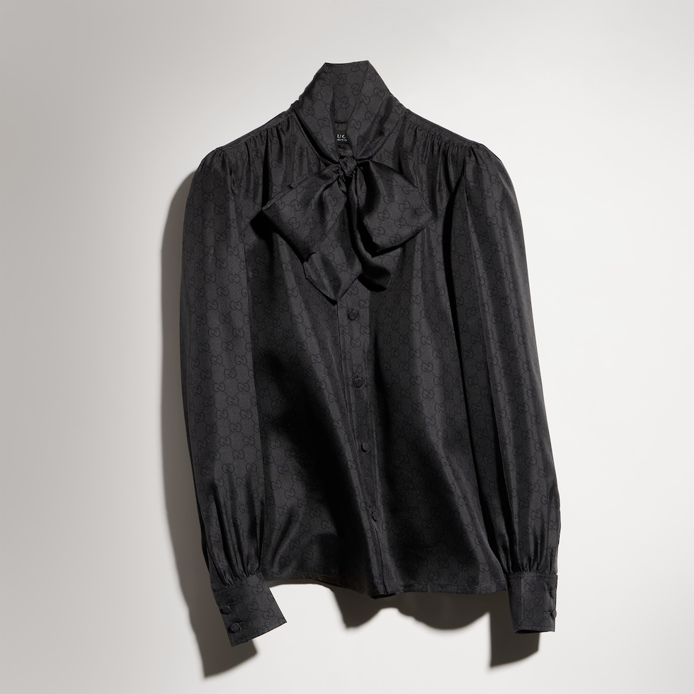 Printed silk twill shirt with bow