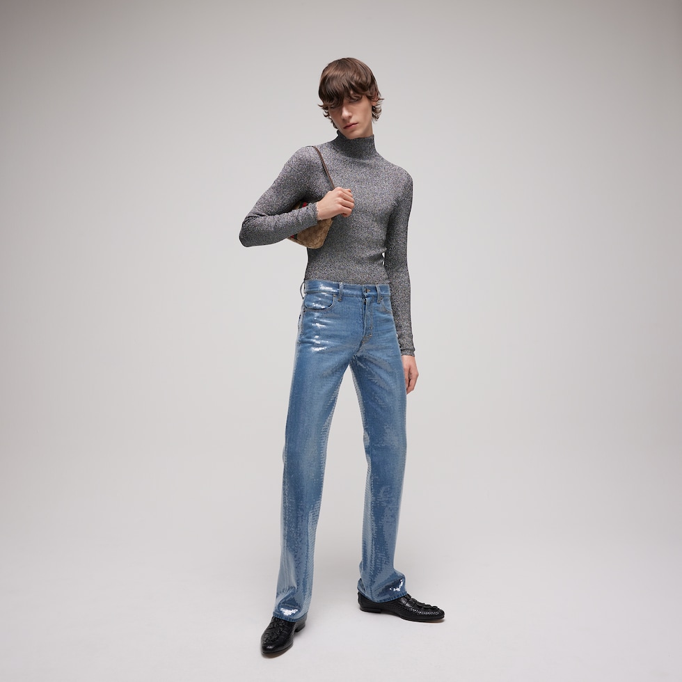 Cotton denim pants with sequins embroidery