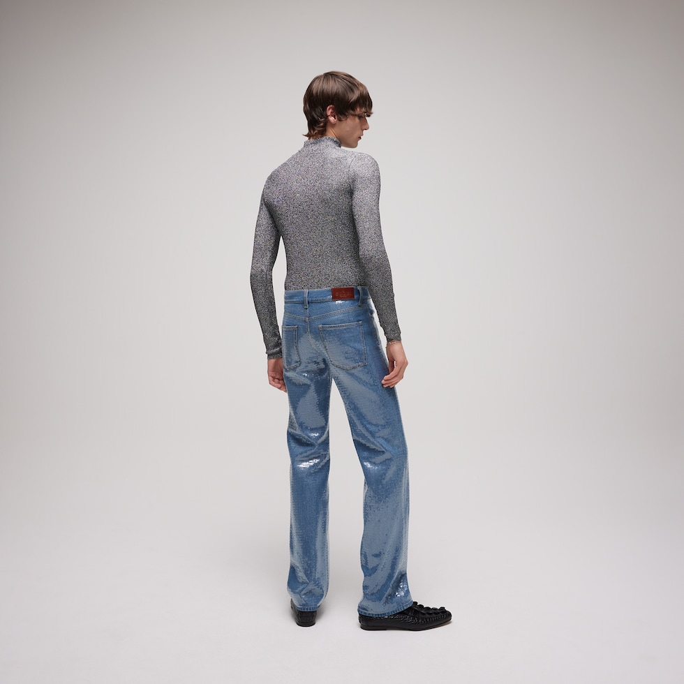 Cotton denim pants with sequins embroidery