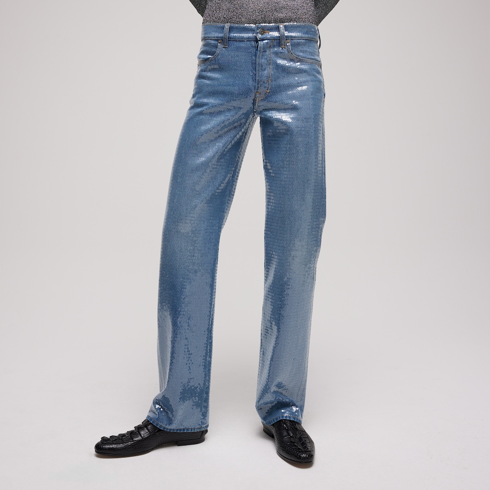 Cotton denim pants with sequins embroidery