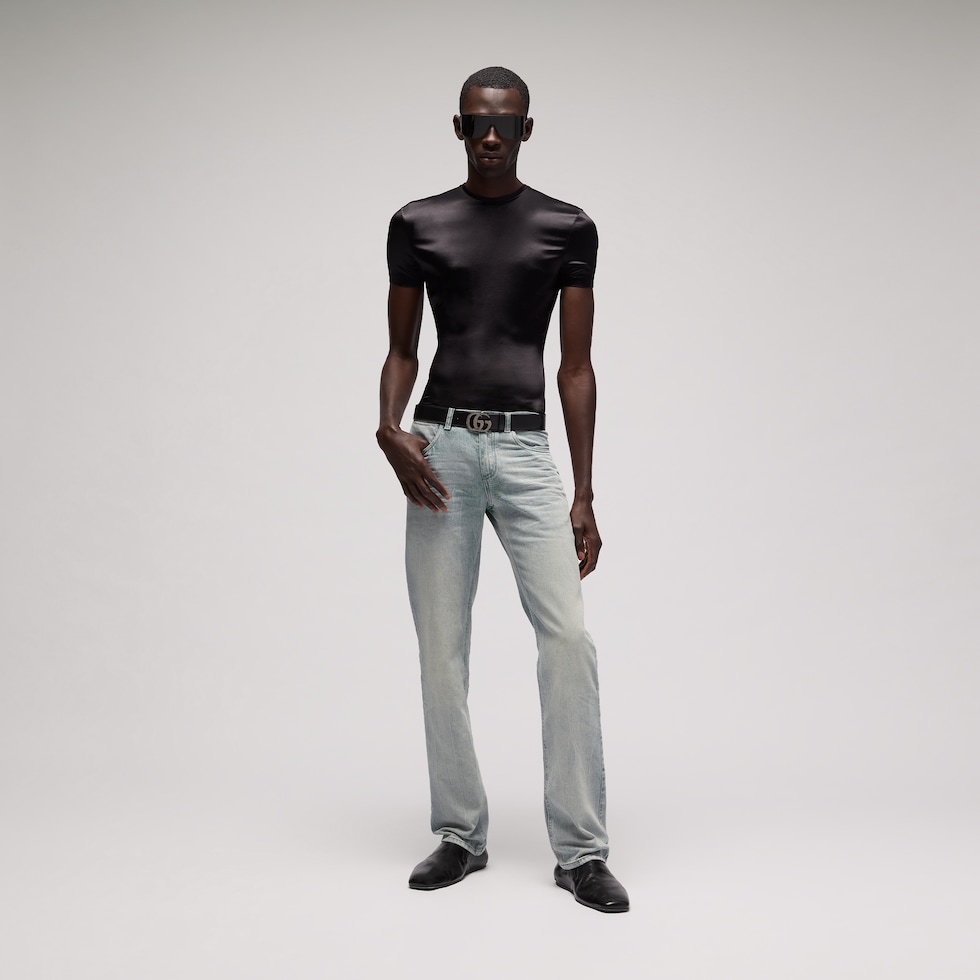Slim fit marbled-wash cotton denim pants