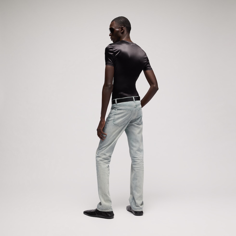 Slim fit marbled-wash cotton denim pants