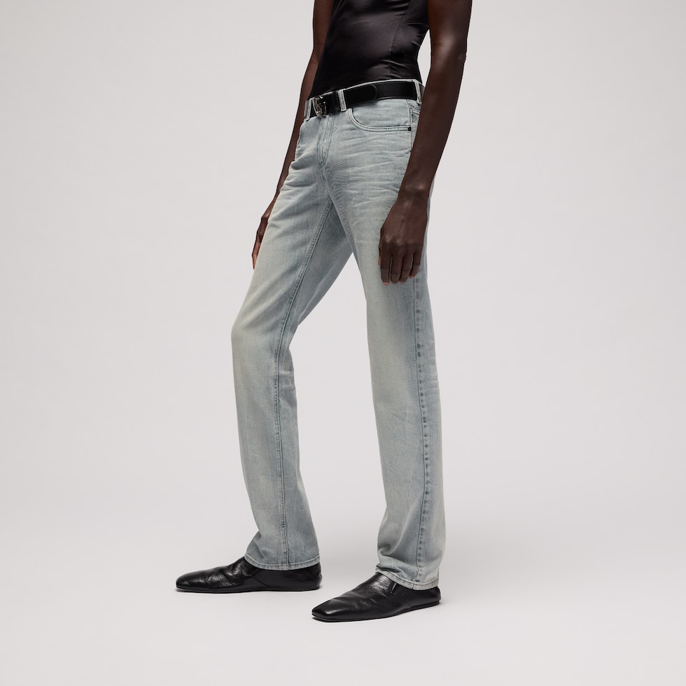 Slim fit marbled-wash cotton denim pants