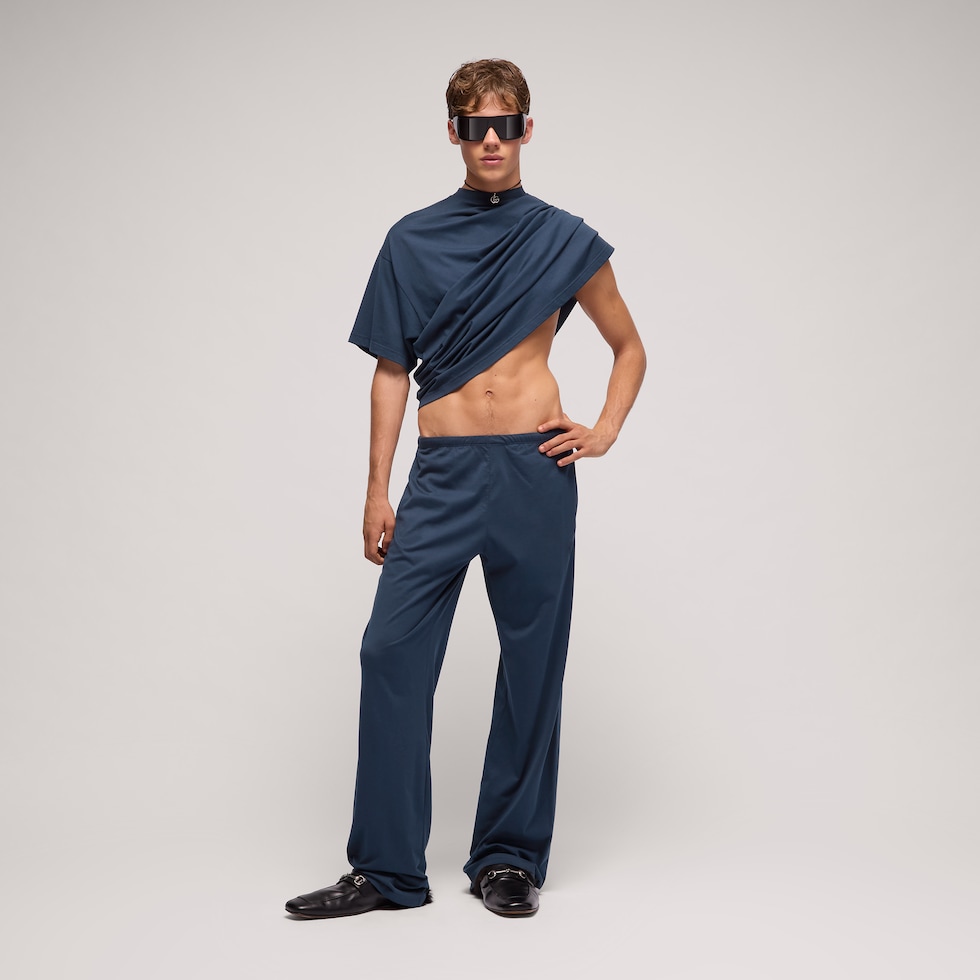Pantalone sportivo in jersey di seta e cotone con ricamo