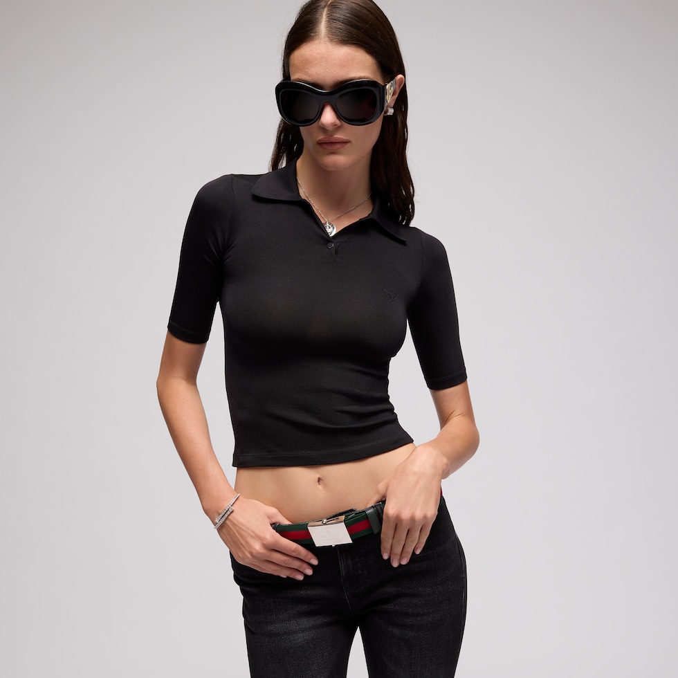 Stretch knit silk polo shirt with embroidery