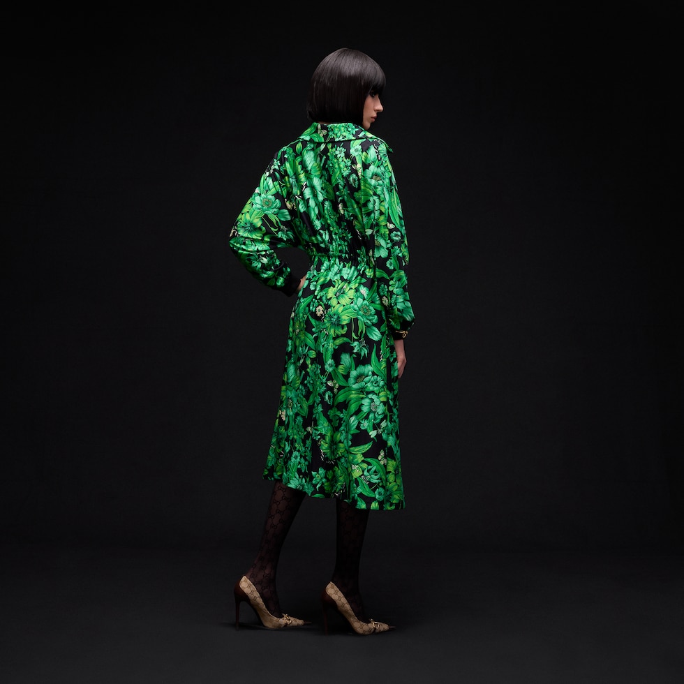 Printed shiny stretch silk long dress