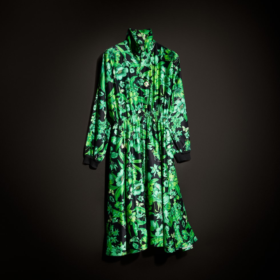 Printed shiny stretch silk long dress