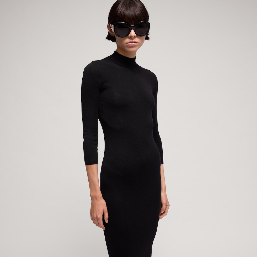 Fine rib knit wool dress with Horsebit