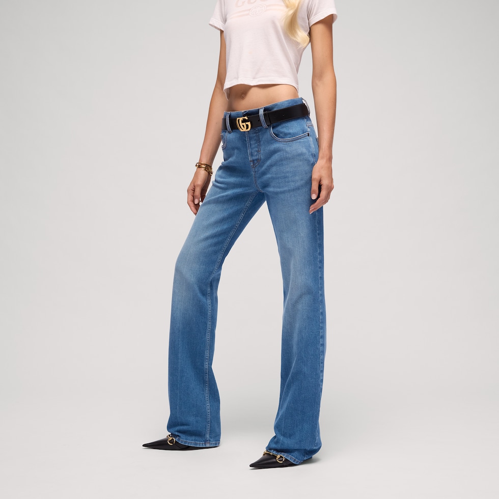 Petite fit straight cotton denim pants