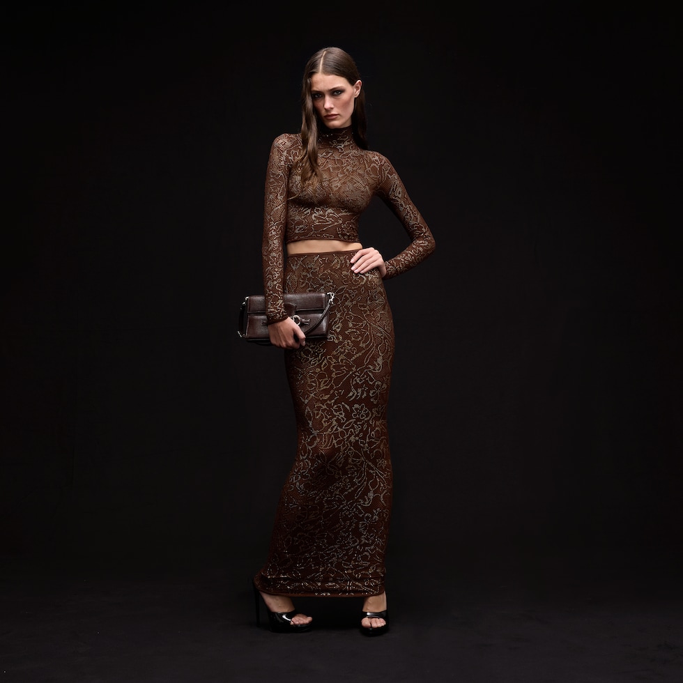 Stretch knit silk lace top with crystals