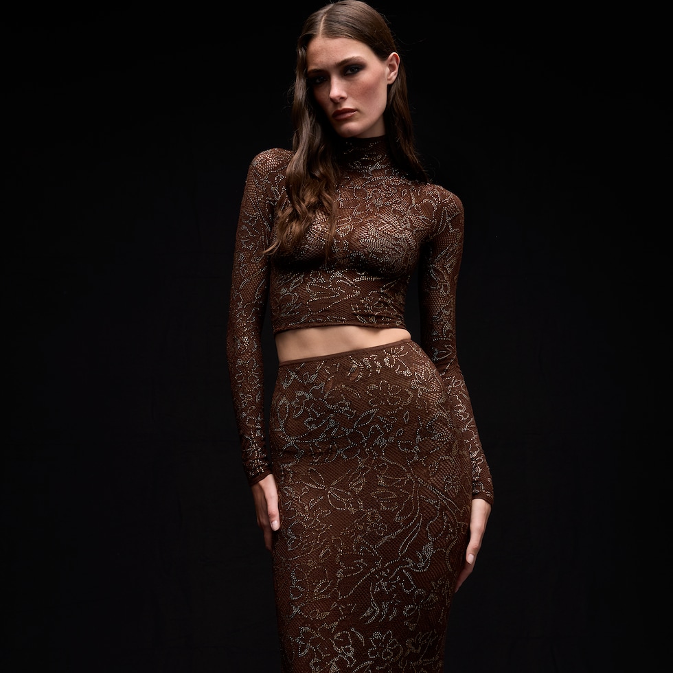 Stretch knit silk lace top with crystals