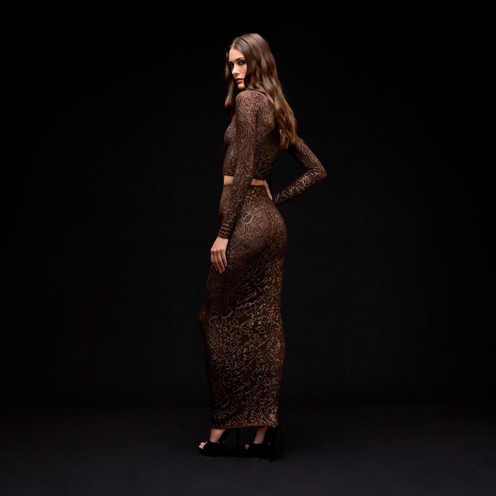 Stretch knit silk lace skirt with crystals
