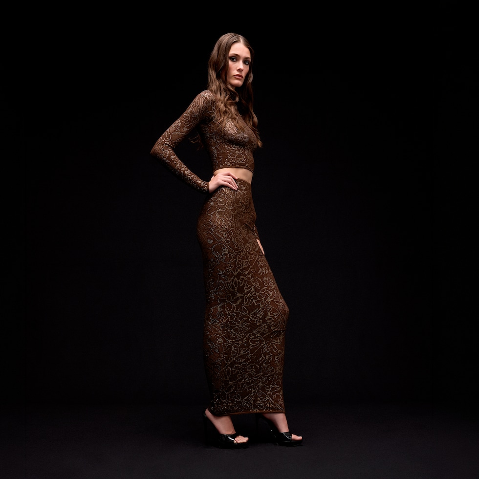 Stretch knit silk lace skirt with crystals