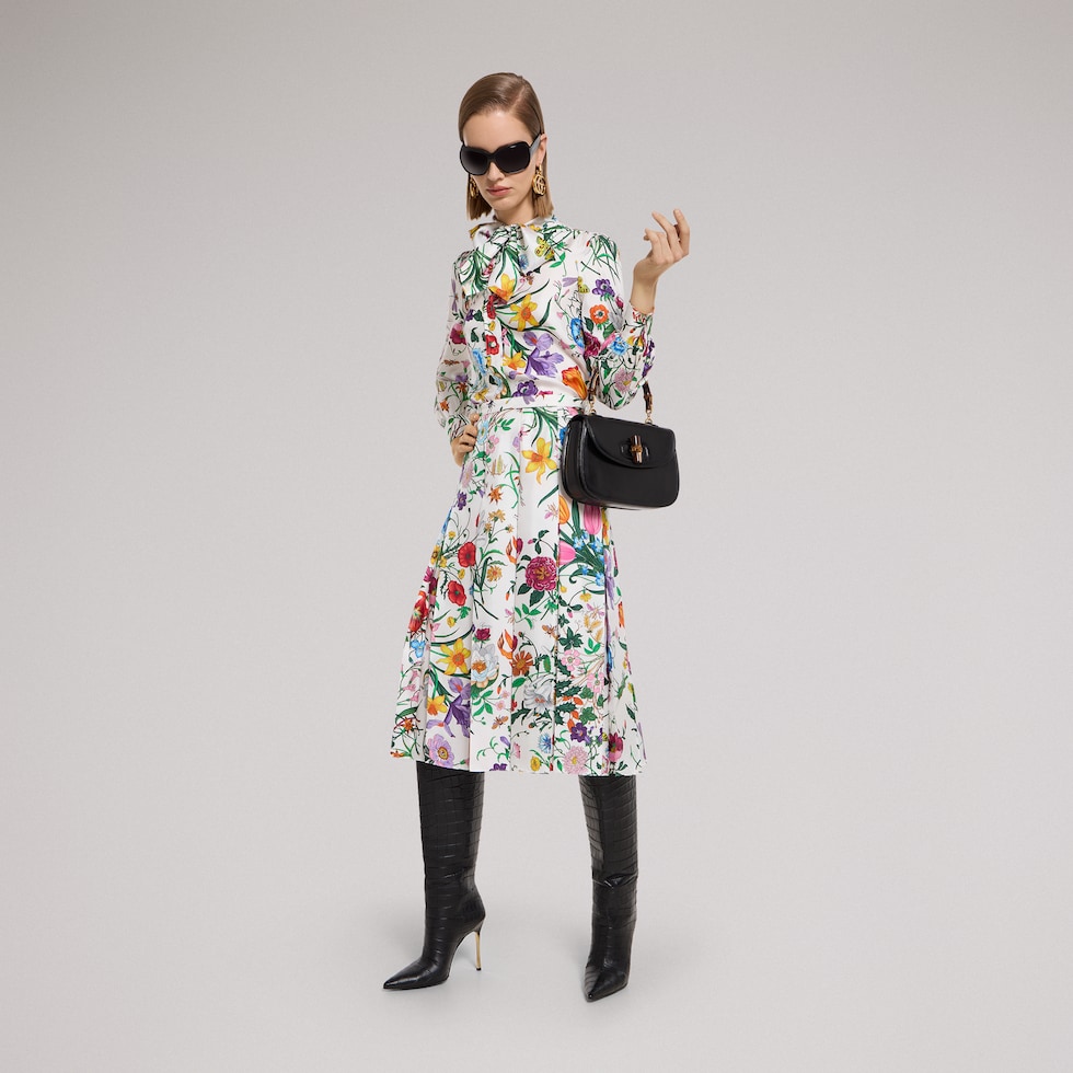 Printed silk twill pleated skirt