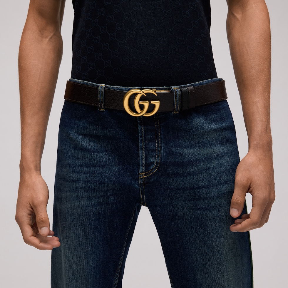 Reversible leather belt with Double G buckle