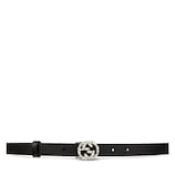 Black leather belt with crystal interlocking G buckle