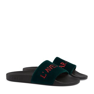 Velvet slide sandal with embroidery