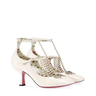 T-strap leather pump with pearls