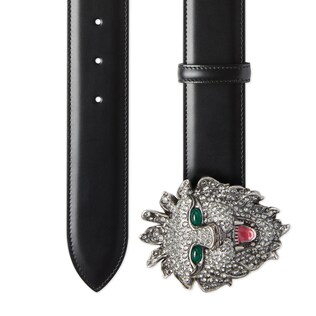 Leather belt with lion head buckle