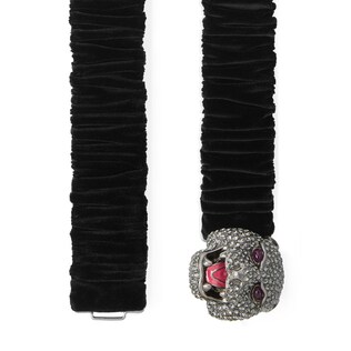 Velvet belt with feline head buckle