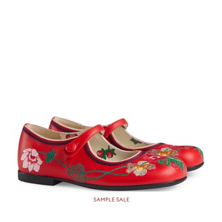 Children's embroidered leather ballet flat