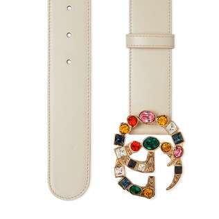Leather belt with crystal Double G buckle