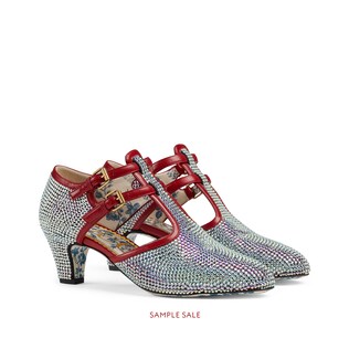Crystal mid-heel t-strap pump