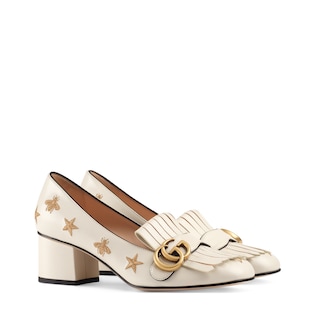 Embroidered leather mid-heel pump