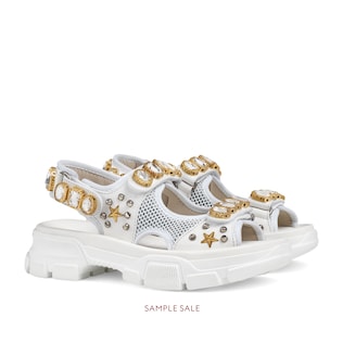 Leather and mesh sandal with crystals