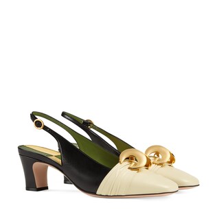 Leather mid-heel slingback pump with half moon GG
