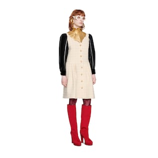 Houndstooth tweed dress with vinyl sleeves