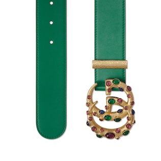 Leather belt with crystal Double G buckle