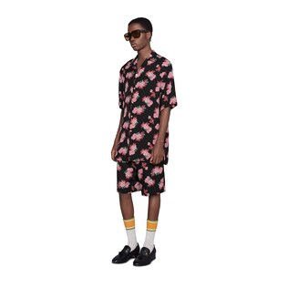 Peony print silk bowling shirt