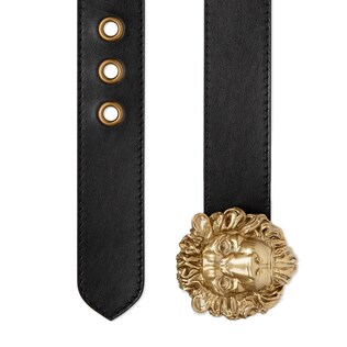 Leather belt with lion head buckle