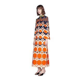 Long G hexagon print wool silk dress