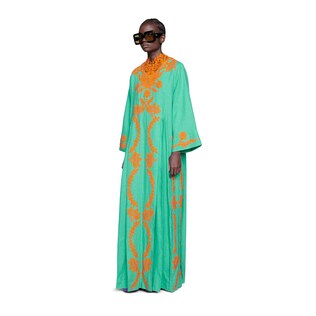 Robe longue en lin façon caftan avec dentelle