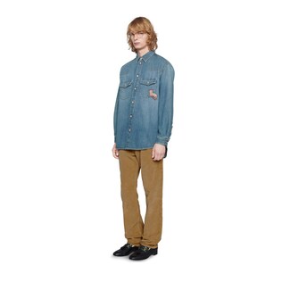 Eco washed organic denim shirt with cat