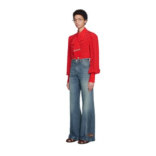 Camicia in seta GG diagonale con fiocco