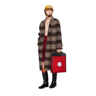 Check wool coat with Gucci label