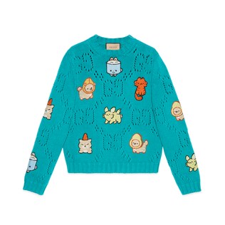 Knit cotton sweater with animal embroidery