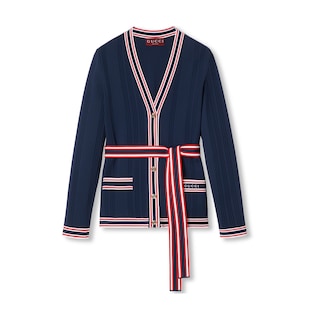 Self-tie cardigan with striped trim