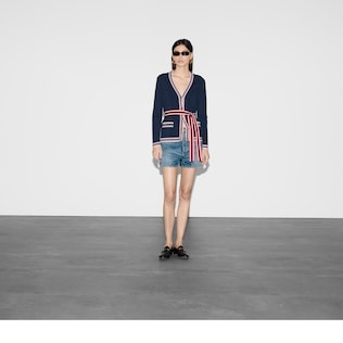 Self-tie cardigan with striped trim