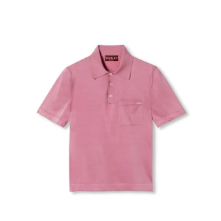 Fine silk knit polo shirt with intarsia