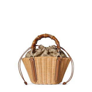 Wicker mini basket bag with bamboo