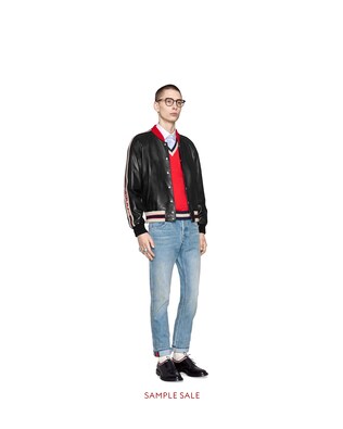 Leather bomber jacket with appliqué