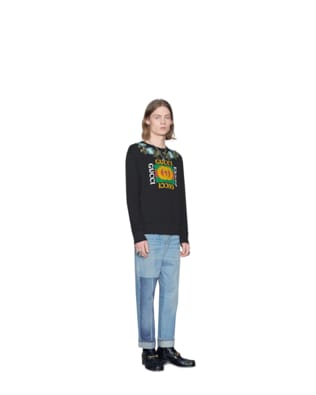 Cotton sweatshirt with Gucci logo and flowers
